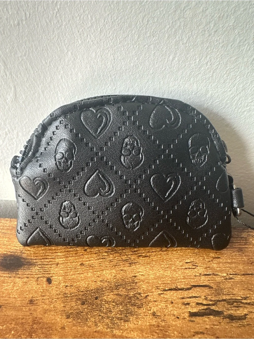 Ed Hardy Black Faux Leather Skull Embossed Coin Pouch Bag Charm Keychain NWT